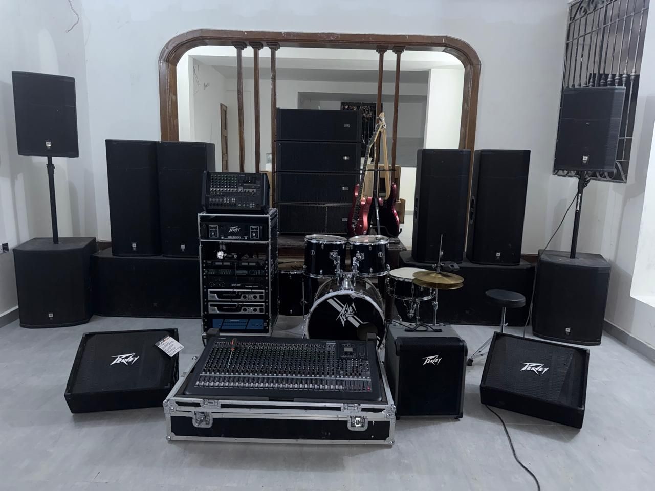 PA, stage monitors, mixers and band backline